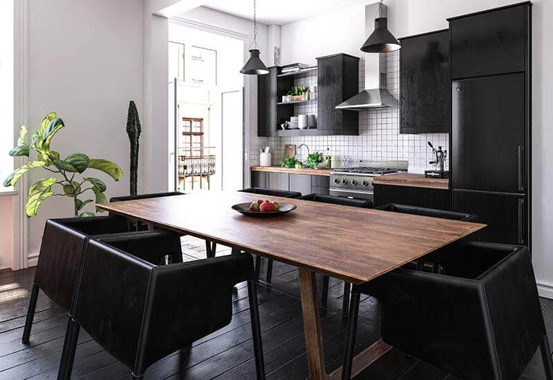 Contemporary kitchen with black cabinets