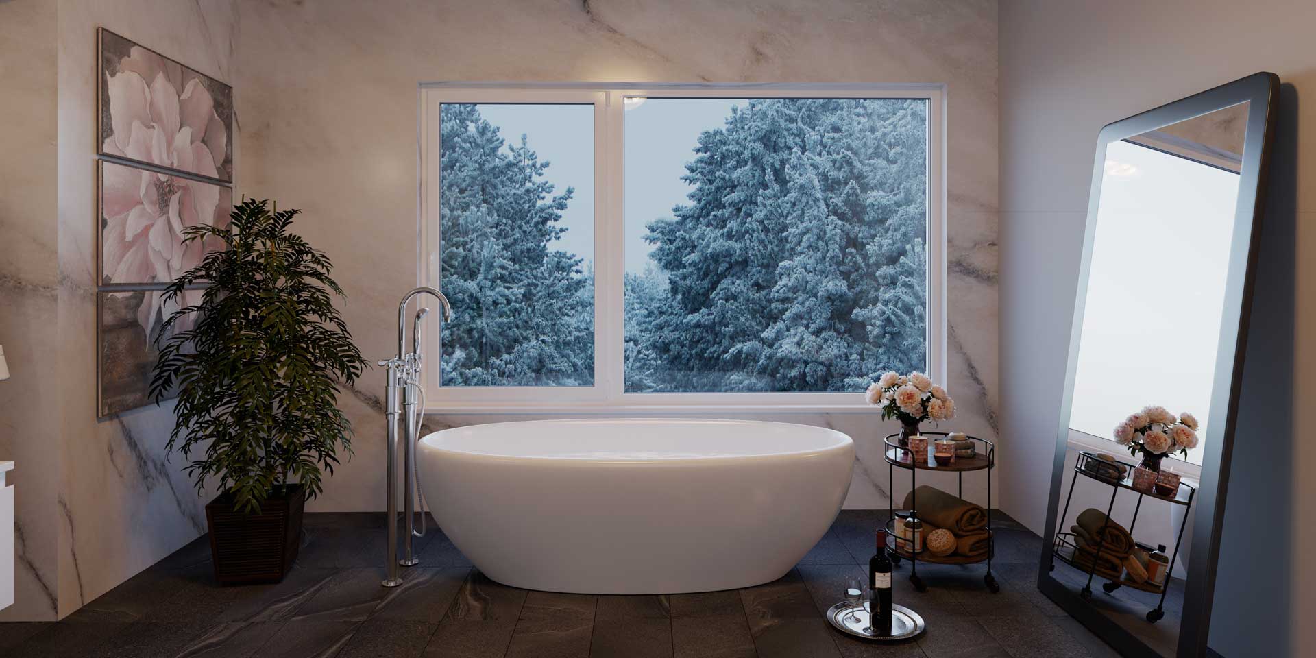Modern bathroom with big picture window looking to snow trees